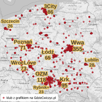 Podgląd mapy z lokalizacjami klubów w aplikacji GdzieCwiczyc.pl
